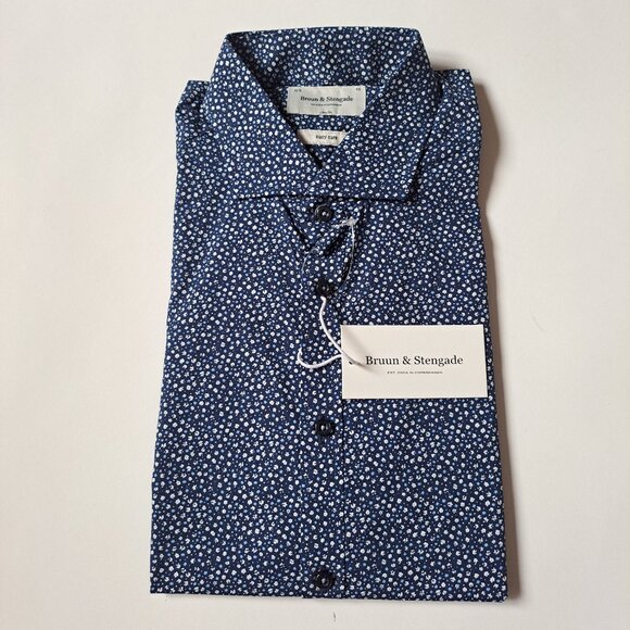New Bruun & Stengade Men's Slim Fit Floral Button Down Blue Shirt Size 40 - Picture 16 of 16